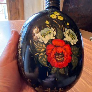 Russian hand painted metal wine flask